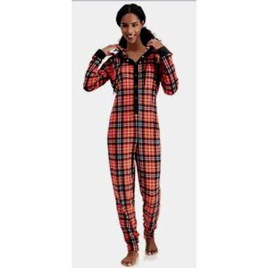 Jenni Intimates Red Plaid Pajama Unionsuit Hooded Size Medium NWOT
